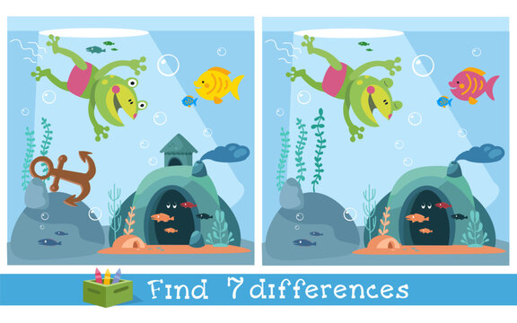 Kids educational vector find 7 differences game with cute frog swimming underwater. Colorful cartoon scene displays ocean floor with fish cave and bubbles creating engaging activity for children brain