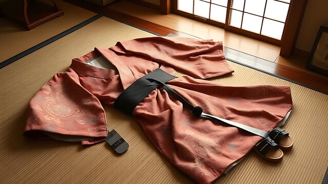 An ornate kimono and obi laid out on tatami mat with geta sandals beside.