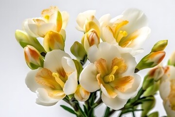 Obraz premium A bouquet of white and yellow freesia flowers with green stems and buds on a plain background