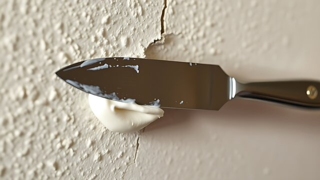 A putty knife spreading white paste over a crack on a textured wall.
