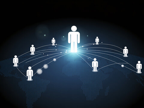 A glowing figure connects with others in a network of relationships