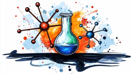 Fototapeta premium Modern Abstract Science Illustration: Chemistry Flask and Molecular Structures