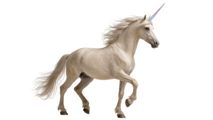 Pale cream Unicorn with flowing mane and horn in motion © Isabel