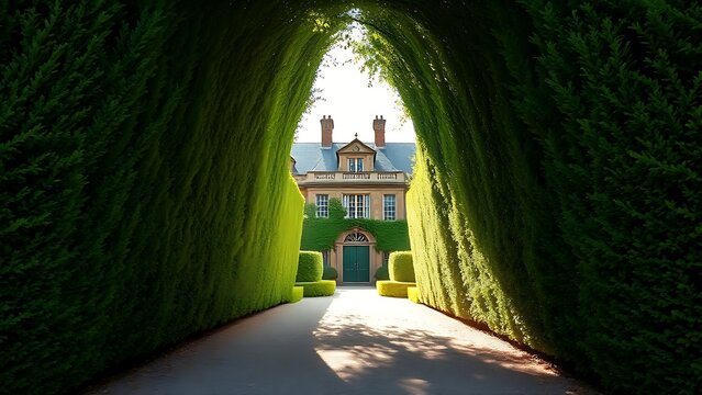 Arching privet hedges forming a green tunnel entrance to a historic estate.