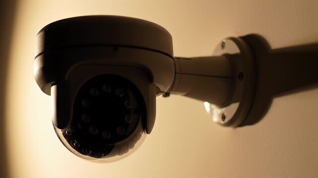 Close-up of a dome surveillance camera mounted securely on a beige wall