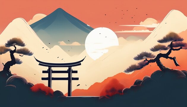 ancient gate in the mountains inspired by japan culture abstract minimalist painting generative art