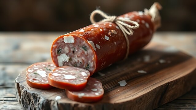 Thick French saucisson on rustic board with white mold, tied with twine, artisanal feel.