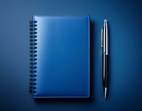 blue notebook and classic black ballpoint pen for professional office and educational use
