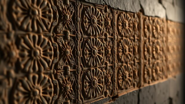Assyrian bas-relief with symmetrical rosettes and geometric patterns on dark plaster.
