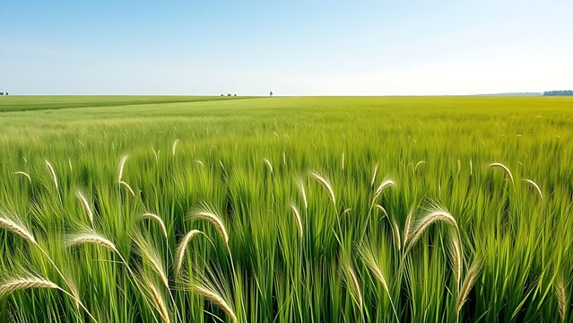 Vast meadow of lush perennial ryegrass under clear sky with gentle wind.