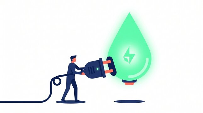 Abstract man connecting huge plug to glowing green water drop representing hydropower and renewable clean energy concept vector illustration