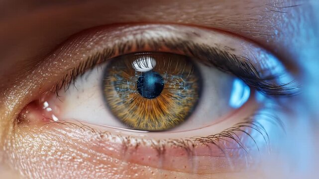 Macro human eye with hazel iris and blue light reflection, extreme close up of eyeball and pupil, detailed vision and optometry concept