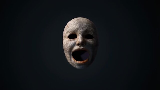 Slow zoom in on textured mask head opening mouth against dark studio background close up portrait with dramatic shadowed lighting