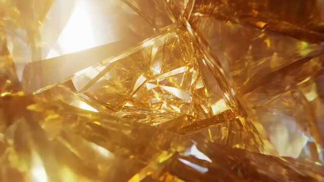 Tracking slow motion dolly through golden crystal gemstone facets shifting inside abstract interior with glowing reflective prisms and shimmering light