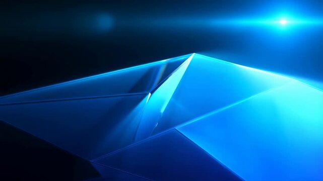 Slow dolly shot of blue glass geometric facets reflecting and shimmering under luminous cyan light on dark studio background
