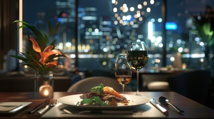 Obraz premium Gourmet dinner with city view