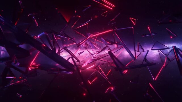 Tracking shot of neon glass shards swirling and colliding in cosmic space with purple nebula backdrop, floating reflective prisms and angular fragments drifting past camera