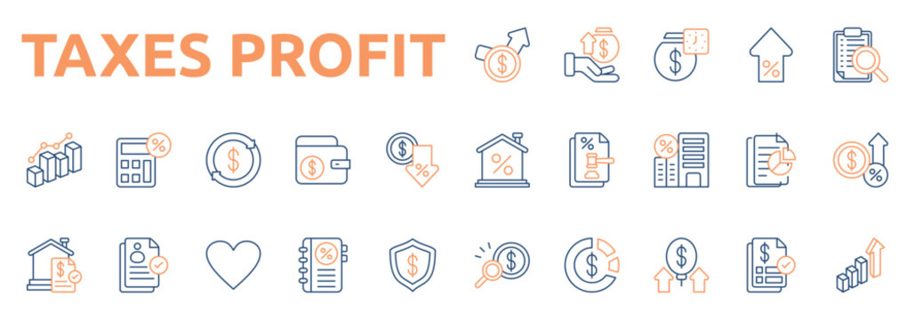 Taxes Profit icon set color outline style with profit, earning, deposit, tax growth, audit, home tax, pro bono, tax office, tax record, business protection icons