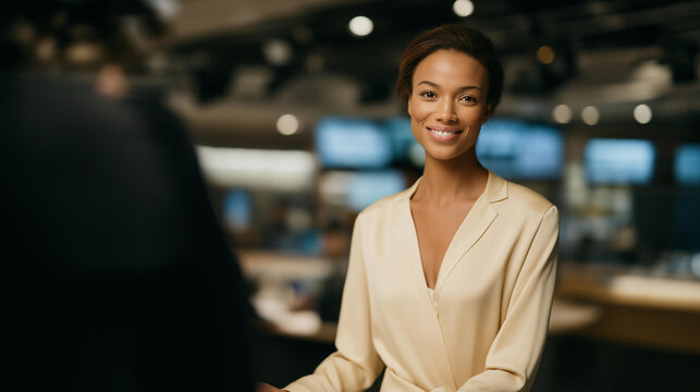 Camera operator focusing on presenter in modern newsroom, team in background managing lighting, sound, and live graphics for broadcast. cinematic color correction, natural uneven lighting yet