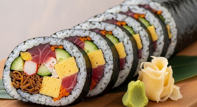 Fresh Japanese Sushi Roll with Tuna, Cucumber and Omelette
