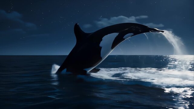 Orca whale breaching at night in slow motion over moonlit ocean