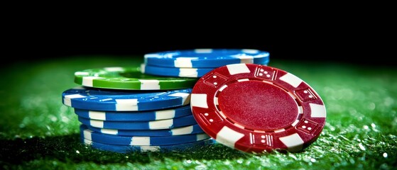 Fototapeta premium Vibrant Poker Chips Stacked on Green Felt for Casino Gaming
