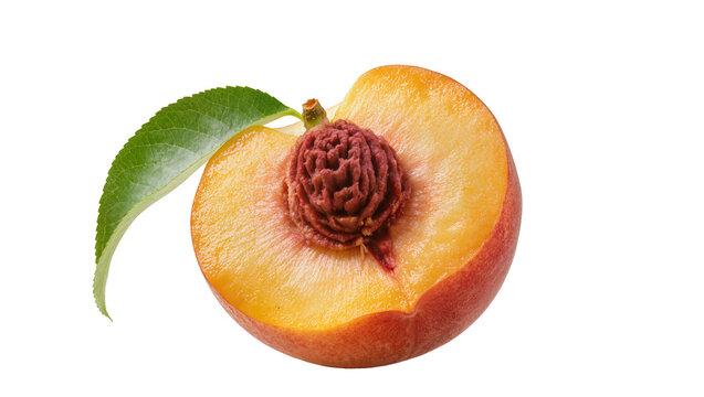 Ripe halved peach with green leaf and brown pit close-up