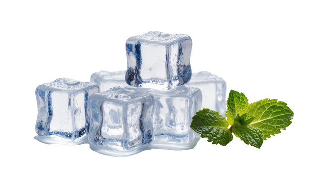 Clear ice cubes with fresh green mint leaves
