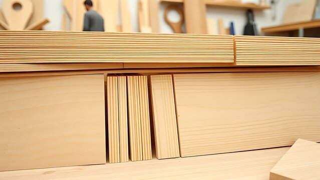 Neatly arranged precision-cut balsa wood pieces with natural textures in a workshop.