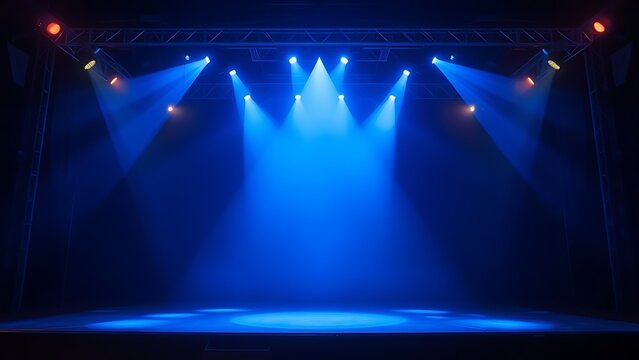 Concert stage with dramatic blue spotlight effect and atmospheric glow.