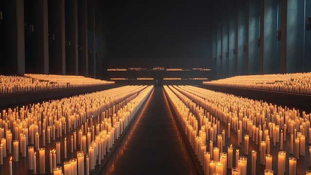 Vast empty memorial hall with countless extinguished candles, solemn dim atmosphere.