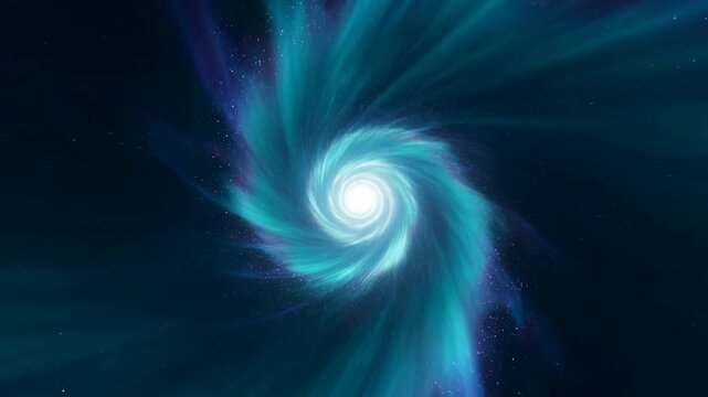 Tracking slow zoom of glowing spiral nebula rotating inward and drawing toward luminous core in deep outer space cosmic void