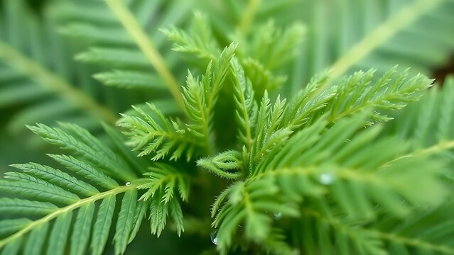 Mimosa pudica leaves closing upon touch in a macro shot with natural green tones.