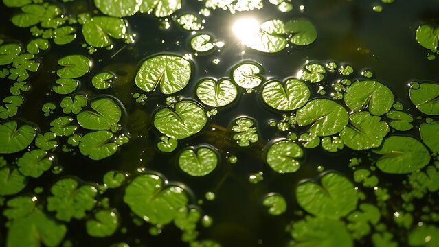 Green algal film floating on pond surface with iridescent sunlight reflection.