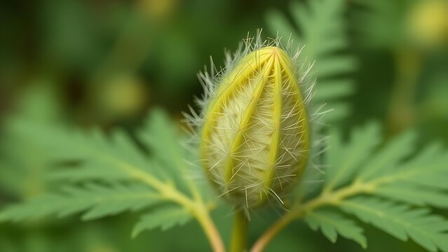 Mimosa pudica plant leaves folding inward upon being touched.