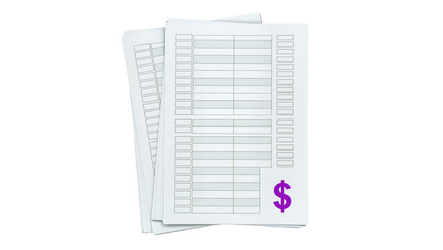 Stacked blank expense forms with purple dollar sign symbol