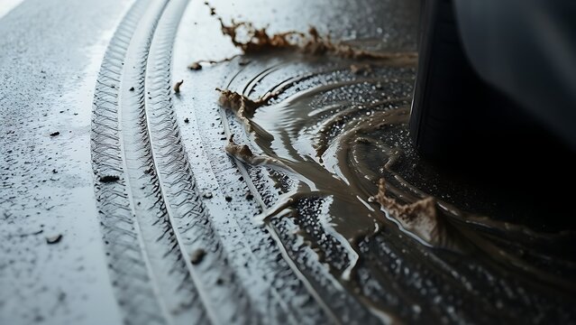 Tire marks from a sharp turn on a wet road with splashes of mud.