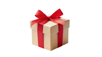 Fototapeta premium Kraft cardboard gift box tied with bright red satin ribbon