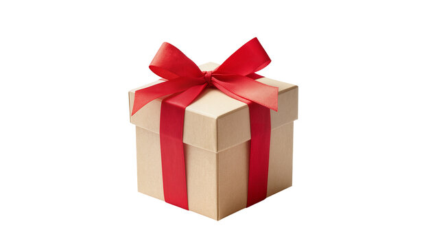 Kraft cardboard gift box tied with bright red satin ribbon