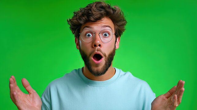 Astonished Expression on Green Screen: A surprised man with glasses, his eyes wide and mouth agape, reacts with open arms against a vibrant green backdrop, perfect for creative compositing.