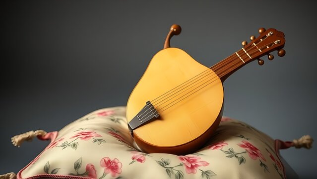 Ornate pear-shaped pipa lute resting on an embroidered silk cushion.
