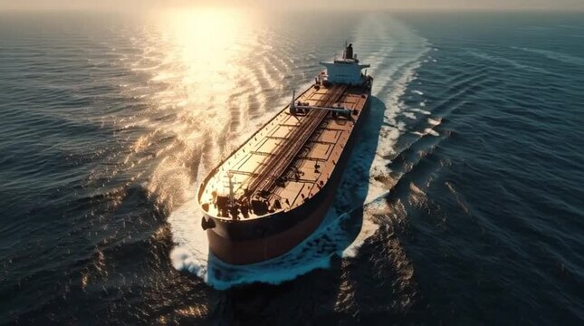 Large Oil Tanker Ship Sailing Ocean Aerial View Golden Sunset Seas 4K