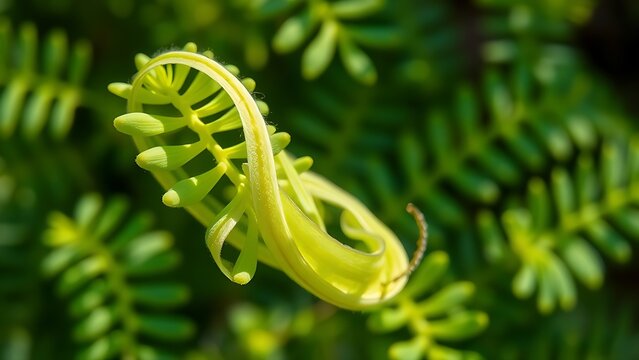 Close-up of Mimosa pudica leaves curled into strips after being touched.