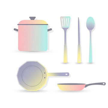 Kitchen utensils and cookware in pastel colors on white background