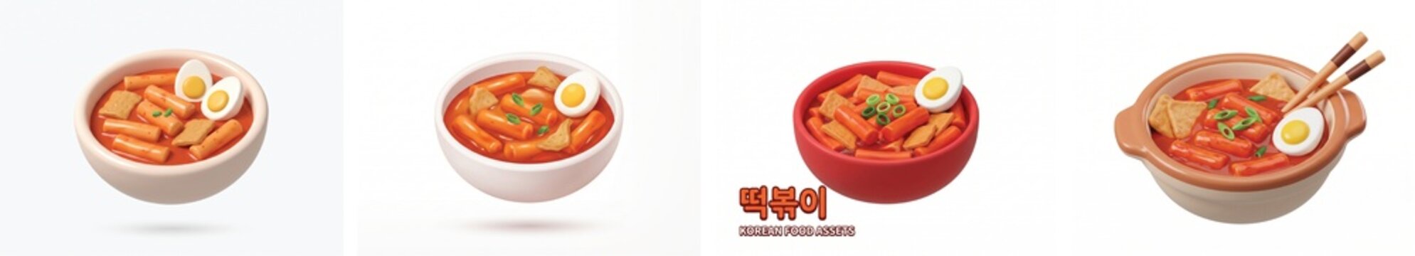 Tteokbokki 3D vector Icon Korean Food Assets Set, isolated on white