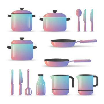 Multicolor kitchen utensils and cookware on white background