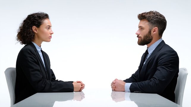 Negotiation Dynamics: Two suited professionals engage in a tense negotiation, their focused expressions and poised postures hinting at the weight of the discussion.