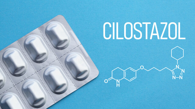 Cilostazol medication concept with cardiovascular treatment and blood circulation improvement, antiplatelet therapy for peripheral artery disease, pharmacy drug and medical healthcare concept