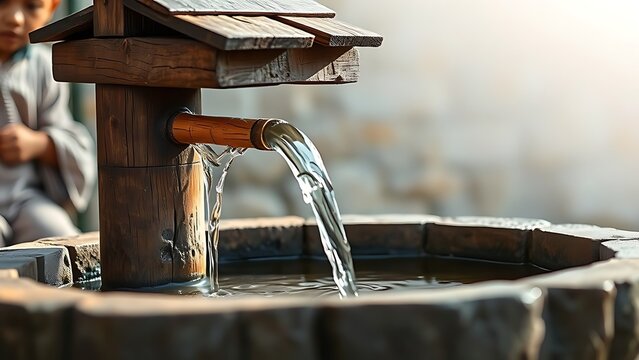 Ancient wooden wellhead with bamboo pipe channeling water into stone trough.
