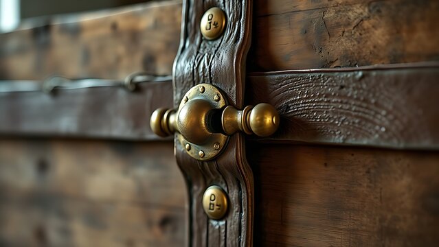 A heavy brass hasp fastened on the leather strap of an aged wooden crate.